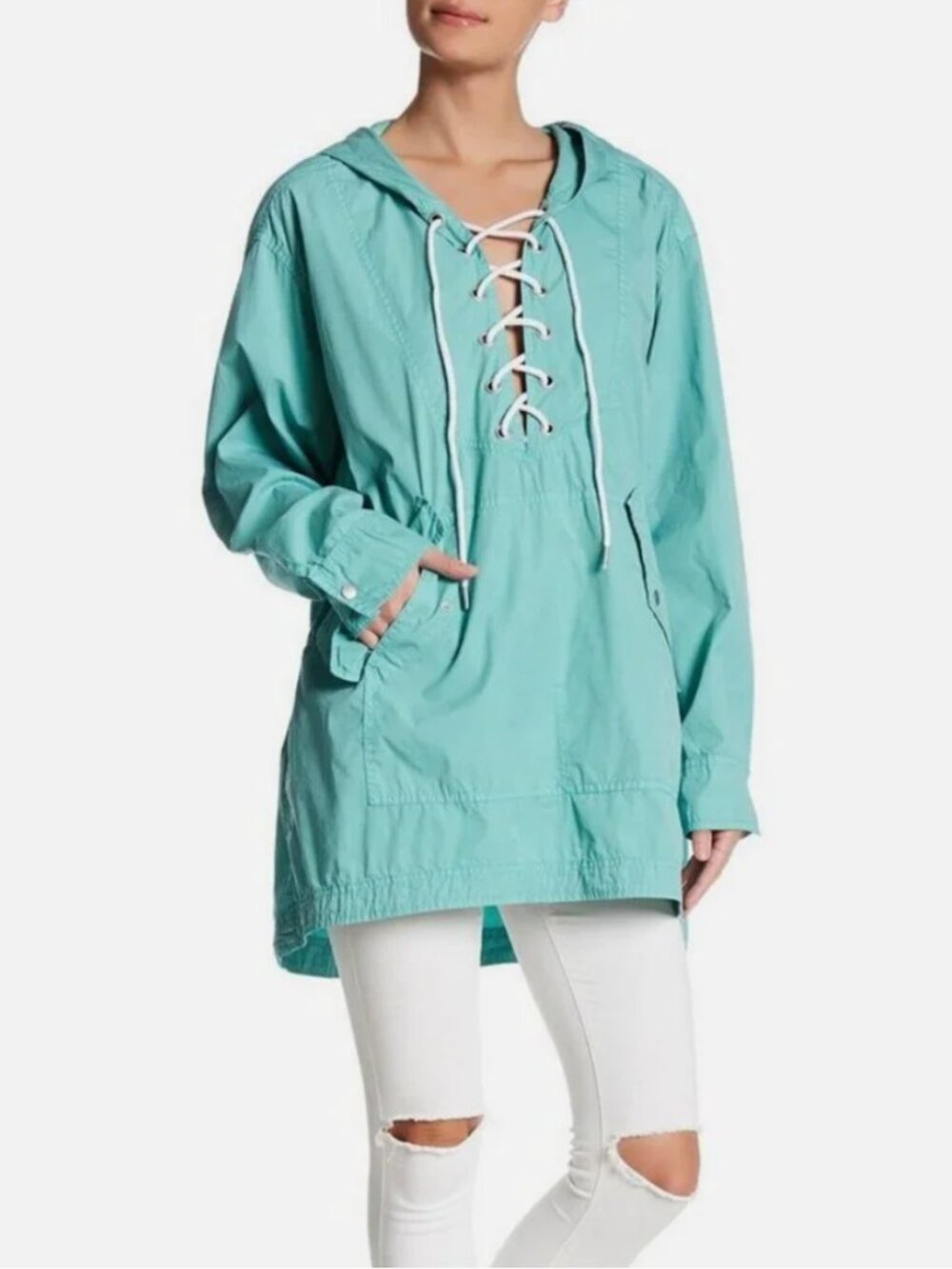 Free People Teal Poplin Pullover Jacket
